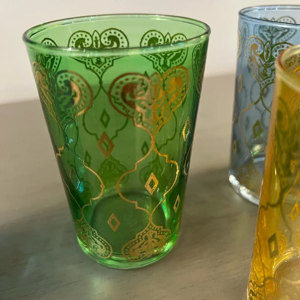 Scents & Feels Moroccan Tea Glasses Set of 6 Multicolored Gold Hand-Painted ARC